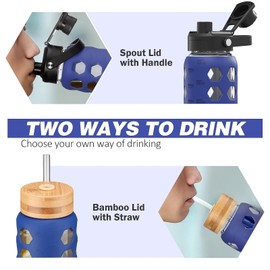 MUKOKO Glass Water Bottles, 32oz Glass Tumbler with Straw, Drinking Bottles with 2 Lids-Handle Spout Lid&Bamboo Straw Lid, Motivational Water Bottle with Time Marker and Silicone Sleeve, 1 Pack-Blue