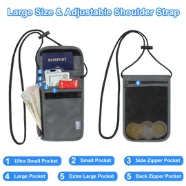 Playexen Neck Pouch Men & Women with RFID Travel Wallet Protection Soft with 6 Compartments Passport Organiser Lightweight with Adjustable Shoulder Strap for Smartphone Passport Money Cards, gray,