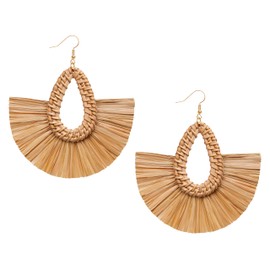 Statement Raffia Tassel Earrings Boho Summer Beach Earrings Lightweight Straw Wicker Dangle Drop Earrings Trendy Bohemian Rattan Fringe Earrings Jewelry for Women, Brown