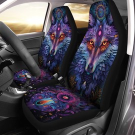Gearider Waterproof Car Seat Covers for Front, 2 Pcs Boho Wolf Dreamcatcher Print Universal Elastic Vehicle Seats Cushion Automotive Interior Protection Accessories for Women