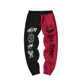 SHENHE Men's Color Block Graphic Sweatpants Drawstring Gym Joggers Pants with Pockets Black and Red Large