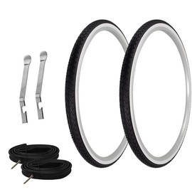 PRO+ Pair of Bicycle TIRE 700 X 38 Black/White SIDEWALL (2) Tires W/Heavy Duty Tubes 60MM Presta Valve & Steel TIRE LEVERS G-5001