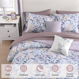 CASAAGUSTO Queen Comforter Set, 7 PCS Purple Iris Floral Comforter Set with Flowers Leaves Pattern, Soft Seersucker Design All Season Queen Size Bedding Set(90"X90")