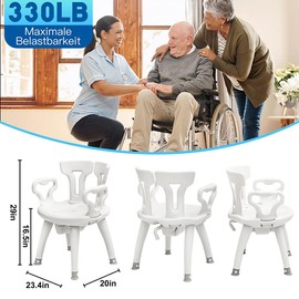 Bedside Commode Shower Chair Bedside Heavy Duty 330 LBS Adjustable Bath Chair Shower seat with Liftable Armrests & Backrest. Raised Toilet Seat with Removable Commode Tools-Free Assembly
