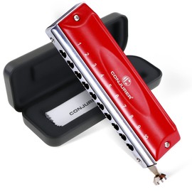 CONJURER Chromatic Harmonica - Valveless for Kids & Adult Beginners, 10 Hole, Key of C, Stainless Steel Mouth Organ with Brass Reed, in Case, C Key Red