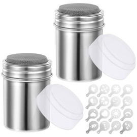 2 Pieces Sugar Bottle and 16 Printing Shapes, Styquenzer Powdered Sugar Shaker with Fresh Cocoa Shaker Cocoa Shaker for Cappuccino Stainless Steel Shaker Cover Dust Sugar Shaker Flour Shaker Salt