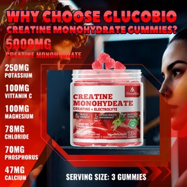 GlucoBio Creatine Monohydrate Gummies (5g) – Pre-Workout Energy & Muscle Growth Support for Men & Women | Strawberry Electrolyte Gummies (135 Count)