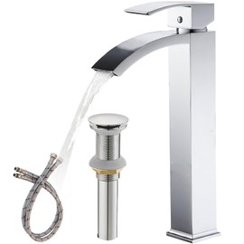 Greenspring Chrome Vessel Sink Faucet, Waterfall Bathroom Faucets, Tall Spout Single Handle Single Hole Bathroom Faucets with Pop Up Drain and Without Overflow Basin Faucet Supply Line