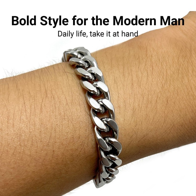 Mens Silver Colored Bracelet for Men，Stainless Steel Cuban Link Bracelet,