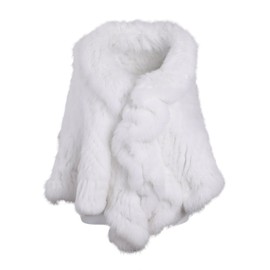 BOONJOVIA Luxury Women's Winter Real Natural Rabbit Fur Hand Knitted Cape Ruffle Design Wedding Party Shawl Lady Poncho (White)