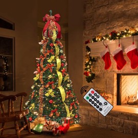 6.5FT Pop Up Christmas Tree with 200 Lights & Remote, Pre-Lit Pre-Decorated Christmas Tree with Christmas Ball Ornaments Bows Ribbon Christmas Decorations