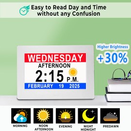 Véfaîî 2025 New, Digital Clock with Day Date 1280 * 800P HD, 19 Alarms Custom Reminders, 10 Levels Auto Dimmer Dementia Clock, 8 Display Colors, Auto DST, Remote & Buttons Control Easy for Elderly