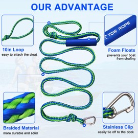 PWC Boat Docking Lines, 2Pcs Mooring Rope Tow Line with Clip and Loop Heavy Duty Braided Line Marine Boat Accessories Ideal for Jet Ski Watercraft Boat Kayaking Available in 4 Sizes