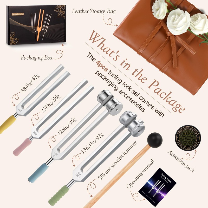 DiDiBirDi Tuning Fork Set 4pcs 128HZ, 136.1HZ, 256HZ, 384HZ, Equipped