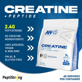 AN AN Performance Creatine + Peptide Powder 5g Creatine Monohydrate and 2.4g PeptiStrong Per Serving for Strength Endurance Recovery and Muscle Growth Unflavoured (444g - 60 Servings)