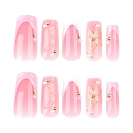 Medium Square Press on Nails Fake Nails White French Tip with 3D Flowers Pearl Design Full Cover Glossy Glue on Nails Acrylic False Nails for Women Girls 24 Pcs (P-6, M-6)