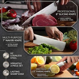 3 PCS Japanese Nakiri Knife Set - Professional High Carbon Stainless Steel Vegetable Cleavers, Ultra Sharp Razor Edge Kitchen Knife with Ergonomic Handle & Gift Box, Multi-purpose Asian Chef Knives