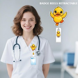Cute Duck Badge Reel for ID Card, Funny Yellow Duckling Retractable Nurse Alligator Clip Badge Reel for Women and Man, ID Name Tag Badge Holder for Office School Hospital Nurses Doctors Teachers