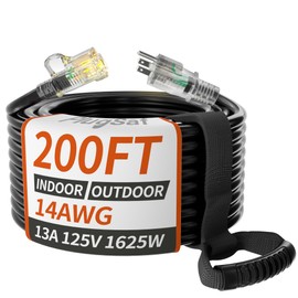 PlugSaf 14/3 Gauge Black Outdoor Extension Cord 200 ft Waterproof with Lighted Indicator, Cold Weatherproof -40°C, Flexible 3 Prong Long Extension Cord Outside,13A 1625W 14AWG SJTW, ETL Listed