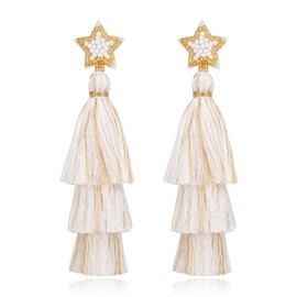 Clearine Christmas Earrings Beaded Star Layered Fringe Thread Chandelier Dangle Tassel Earrings for Women White