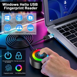 USB Fingerprint Reader for Windows 10/11/12 ONLY, RGB Light Up Windows Hello Fingerprint Scanner with 4.9FT Extension Cable,Match-in-Sensor Security, Plug and Play for Laptop/PC(Not for Mac/Linux)
