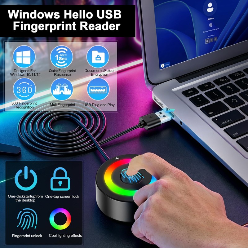 USB Fingerprint Reader for Windows 10/11/12 ONLY, RGB Light Up