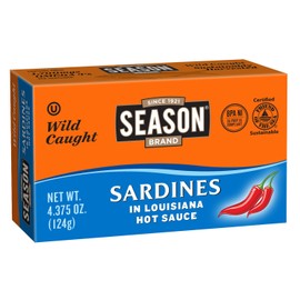 Season Sardines in Hot Sauce - Wild Caught, 24g of Protein, Keto Snacks, More Omega 3's Than Tuna, Kosher, High in Calcium, Canned Sardines - 4.37 Oz, 12-Pack