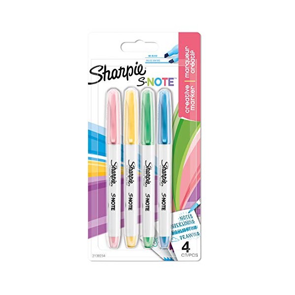 Sharpie S-Note Highlighter Pens | Part Art Marker Pen, Part Highlighter to Draw, Write & More | Assorted Pastel Colours | Chisel Tip | 4 Count