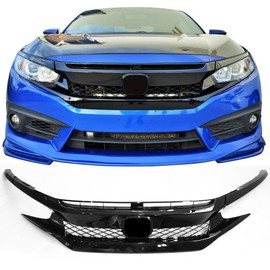 IKON MOTORSPORTS, Front Grille Compatible With 2016-2021 Honda Civic FK8, Type R Type-R Style Gloss Black Mesh Grill Guards Hood ABS Plastic, 2017 2018 2019 2020