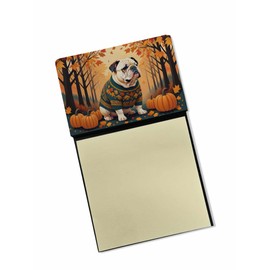 Caroline's Treasures White English Bulldog Fall Sticky Note Holder Refillable Dispenser Self-Sticky Note Pads, Memo Pads Blank Desk Accessories