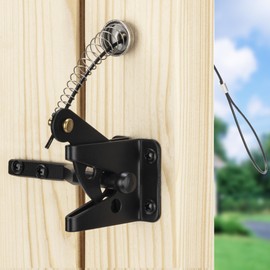 TIBEGOLD Self Locking Gate Latch with Spring Cable Pull, Black Gravity Lever Door Latch for Wooden Fence Gate, Automatic Gate Hardware Door Lock for Outdoor Secure Pool Garden Shed, 2 Pack