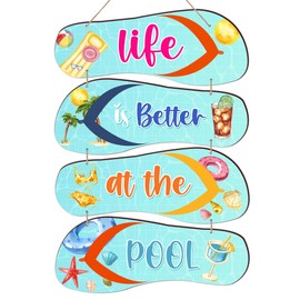 Life Is Better At The Pool Rustic Wooden Wall Hanging Plaque Sign - 4Pcs Set Flip Flop Wooden Sign Seasonal Summer Decoration - Funny Farmhouse Wall Art Favors & Decor For Home, Bedroom, Office -A11