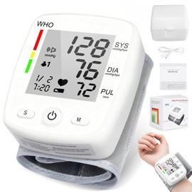 Medidor de Presion,Baumanómetro Digital de Muñeca,Con Voz en Español,2x99 Datos de Memoria,Certificación Europea,USB Recargable,Compacto y Fácil de Usar,on Pantalla LCD Grande,Medir Presión Arterial (Blanco)