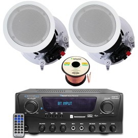 Home Theater Sound System Kit - 1000 Watts Bluetooth Amplifier w/ 2 QTY of 8" Framed Ceiling Speakers 300 W Each, 50 ft Speaker Wire & Remote Perfect for Home, Office, Restaurant, Bar by Technical Pro