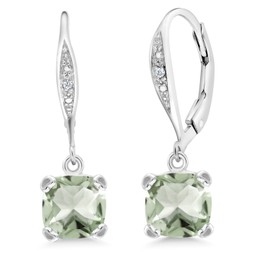 Gem Stone King 925 Sterling Silver 7MM Cushion Cut Gemstone Birthstone and White Diamond Drop Dangle Earrings For Women