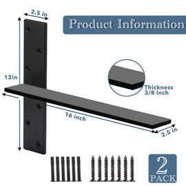 Free Hanging Countertop Support Bracket 16" Lx2.5 W 2 Pack Hidden Floating Wall Bracket 3/8" Thick Heavy Duty Shelf Bracket for Floating Bars,Bench Seats,Vanities