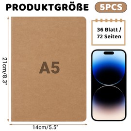 YIFLorine TANG Notebooks, 5 Pack Blank Pages A5 Notepad 72 Pages / 36 Sheets 21 x 14 cm Sketchbook Small Notepad A5 Kraft Paper Blank Notebook for Memos, Painting, Graffiti, Party Gifts