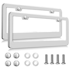 2 Pack Silver License Plate Frames, 2 Holes Rust-Proof Chrome License Plate Holder, Lengnoy Universal Car Stainless Steel Polish Mirror License Plate Cover for Women Man with Screws Caps