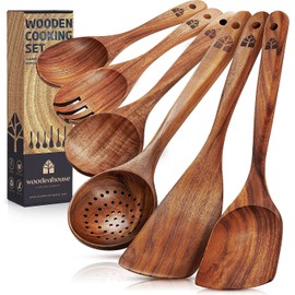 Wooden Spoons for Cooking - Teak Wooden Utensils for Cooking - Heat Resistant Wooden Spoon Sets for Cooking - Comfortable Grip Non-Stick Wooden Cooking Utensils - 6 Pcs Wood Utensil Sets