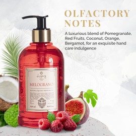 Logevy Flüssigseife mit Granatapfelduft, revitalisierend mit hautfreundlichen Inhaltsstoffen, für eine nährende, feuchtigkeitsspendende und beruhigende Wirkung, in eleganter Flasche mit Siebdruck im