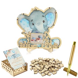 Adzt's 63 Pcs Baby Shower Event Guest Book Alternatives Set,60 Wood Slices Guest Book for Birthday, Baby Shower Guestbook with Photo Frame Baby Frame Keepsake Elephant