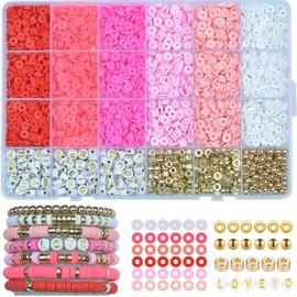 Sunbilien 2064Pcs Clay Beads Bracelet Kit,4 Color 6mm Polymer Flat Round Polymer Clay Beads with Letter Beads and Gold Beads for Kids DIY Craft for Jewelry Making