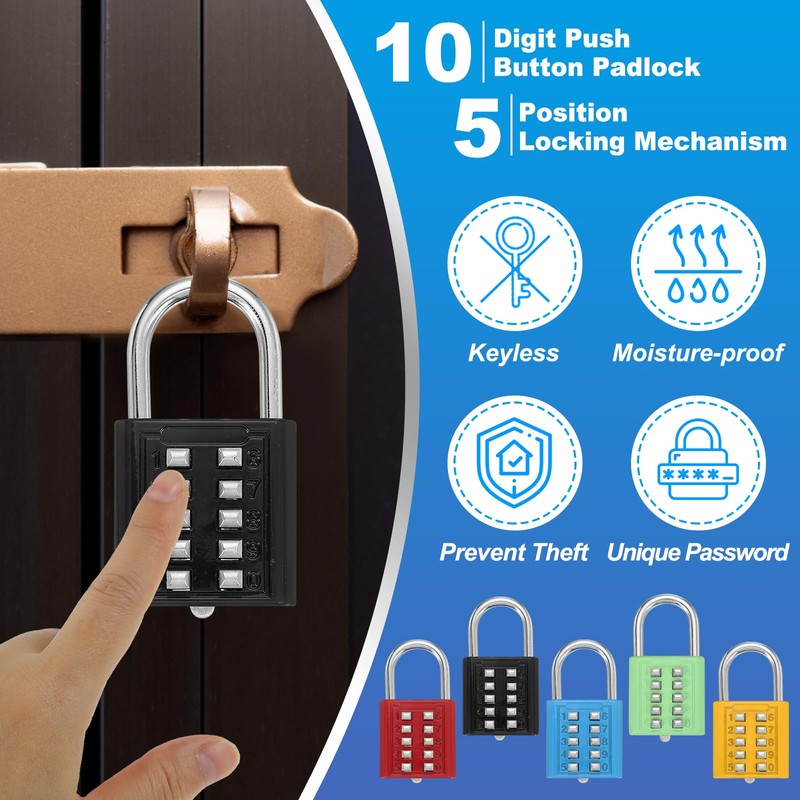 MECCANIXITY Combination Padlock, 10-Digit Push Button Padlock 5-Position Locking Mechanism