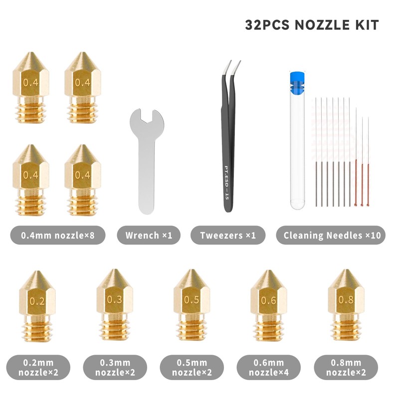 32 Pcs 3D Printer Nozzle Kit with MK8 Brass Nozzles