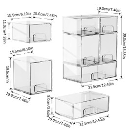 5 Pack Stackable Storage Drawers, Clear Plastic Organizer Bins with Handles for Makeup, Beauty Supplies, Ideal for Vanity, Bathroom, Undersink, Cabinet Organization and Storage