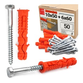 50 Stk. Set Dübel 10x50 mm mit Sechskantschraube 6x60 mm aus Nylon und Stahl weiß verzinkt inkl. Schrauben für Beton, Mauerwerk, Pergola, Fassadenmontage