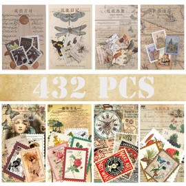 Pack of 432 Vintage Stamps Stickers, 8 Styles Retro Scrapbook Paper Stickers, Aesthetic Botanical Decorative Paper for Journaling Scrapbooking Bullet Journal Diary Planner Crafts