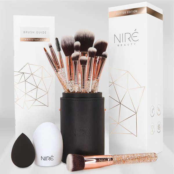 Niré Beauty 15piece Award Winning Glitter Makeup Brushes: Cute Makeup Brushes Set with Case, Beauty Blender, Cleaner, Guide, Gift Box