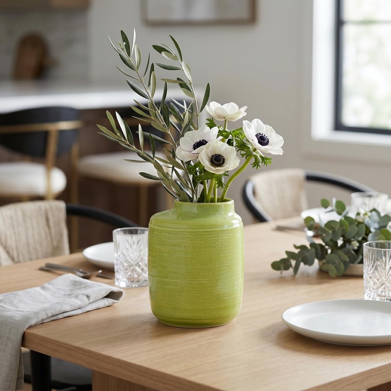Wancetang Green Ceramic Vase, 7 Inch, Slanted Mouth