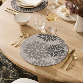 Artoid Mode Gray Dahlia Plastic Round Placemats Set of 4, 14 Inch Seasonal Wipeable Woven Vinyl Table Mats for Farmhouse Party Kitchen Dining Decor